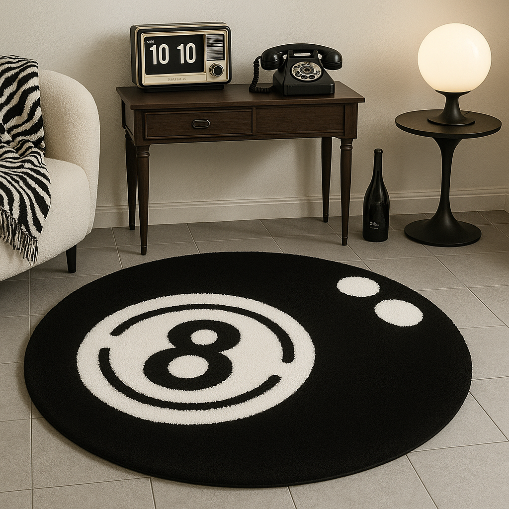 Black 8-Ball Plush Round Rug — Soft, Non-Slip & Washable for Bedroom, Living Room & Game Room