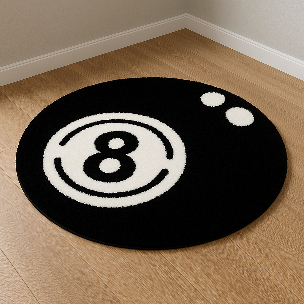 Black 8-Ball Plush Round Rug — Soft, Non-Slip & Washable for Bedroom, Living Room & Game Room