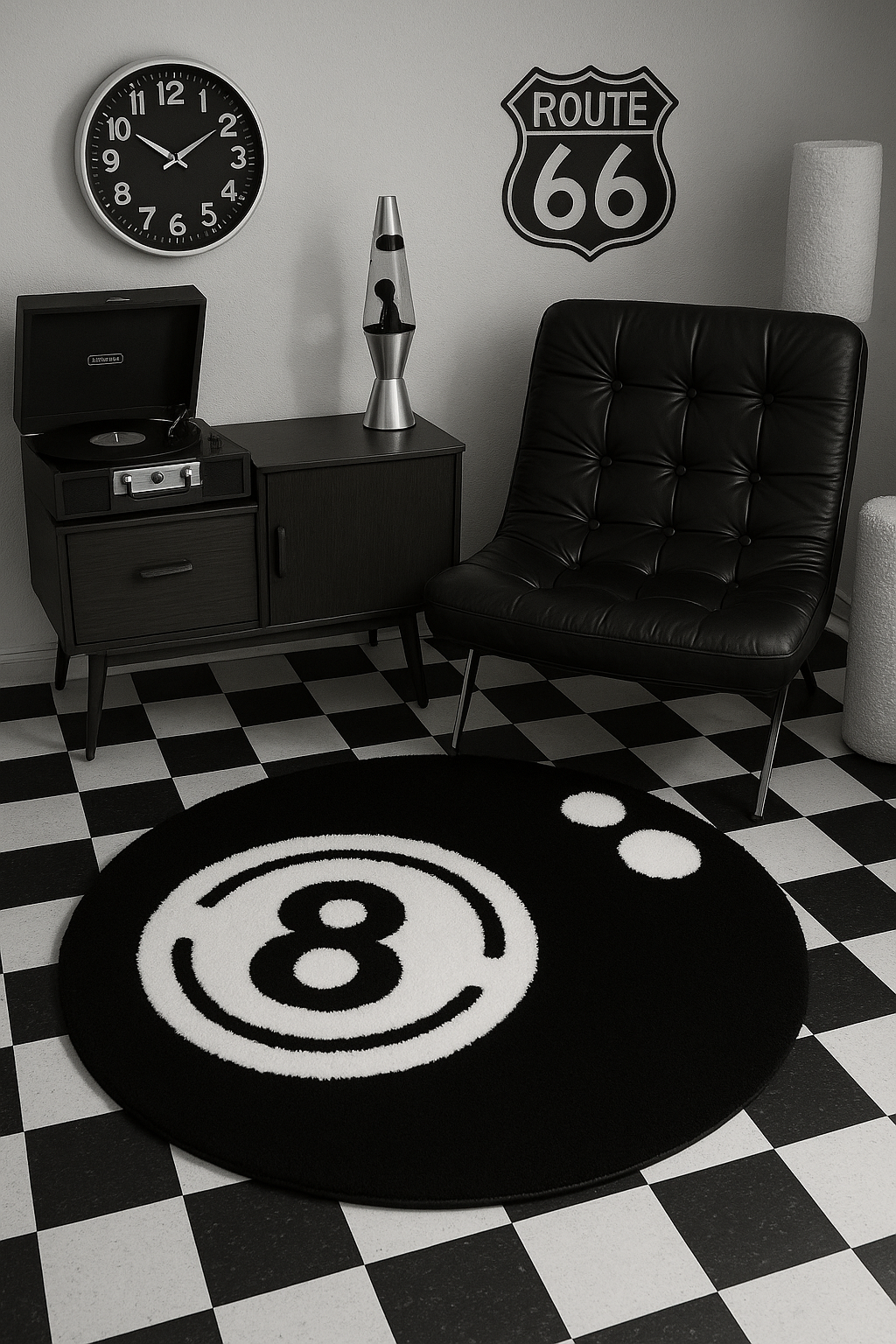 Black 8-Ball Plush Round Rug — Soft, Non-Slip & Washable for Bedroom, Living Room & Game Room