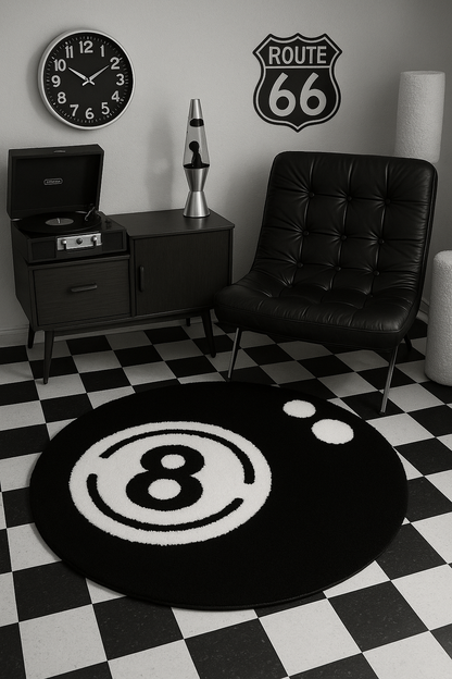 Black 8-Ball Plush Round Rug — Soft, Non-Slip & Washable for Bedroom, Living Room & Game Room