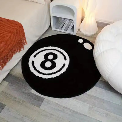 Black 8-Ball Plush Round Rug — Soft, Non-Slip & Washable for Bedroom, Living Room & Game Room