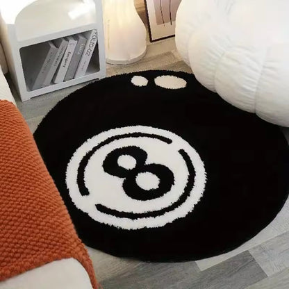 Black 8-Ball Plush Round Rug — Soft, Non-Slip & Washable for Bedroom, Living Room & Game Room