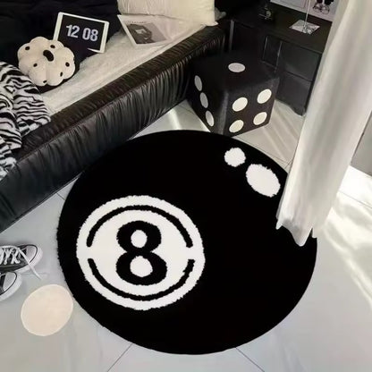 Black 8-Ball Plush Round Rug — Soft, Non-Slip & Washable for Bedroom, Living Room & Game Room