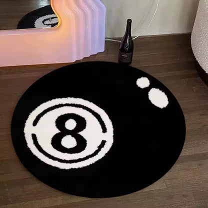 Black 8-Ball Plush Round Rug — Soft, Non-Slip & Washable for Bedroom, Living Room & Game Room
